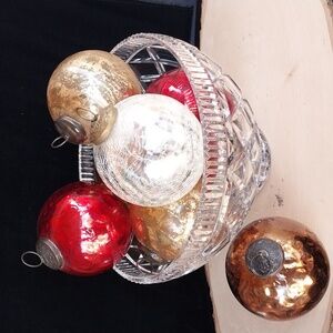 Set of 7 Large  Kugel Style Glass Christmas Ornaments with Metal Tops